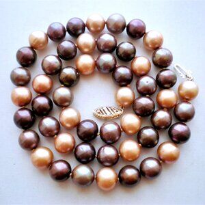 Designer Gold Brown Genuine 8.25MM Pearl Beaded NECKLACE 14K Gold Clasp 17.5"